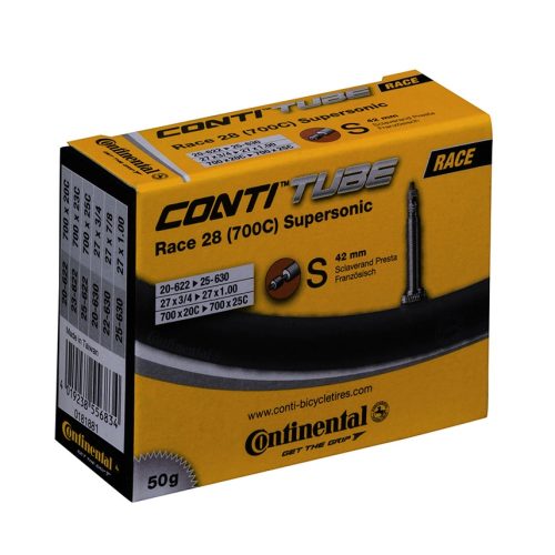 Produktbild av Continental Supersonic cykelslang, storlek 20/25-622/630 mm (700x20/25c), med 42-60 mm Presta ventil. Förpackningen har en guldfärgad ton och tydlig produktinformation. Bilden är tagen i ett välbelyst område.