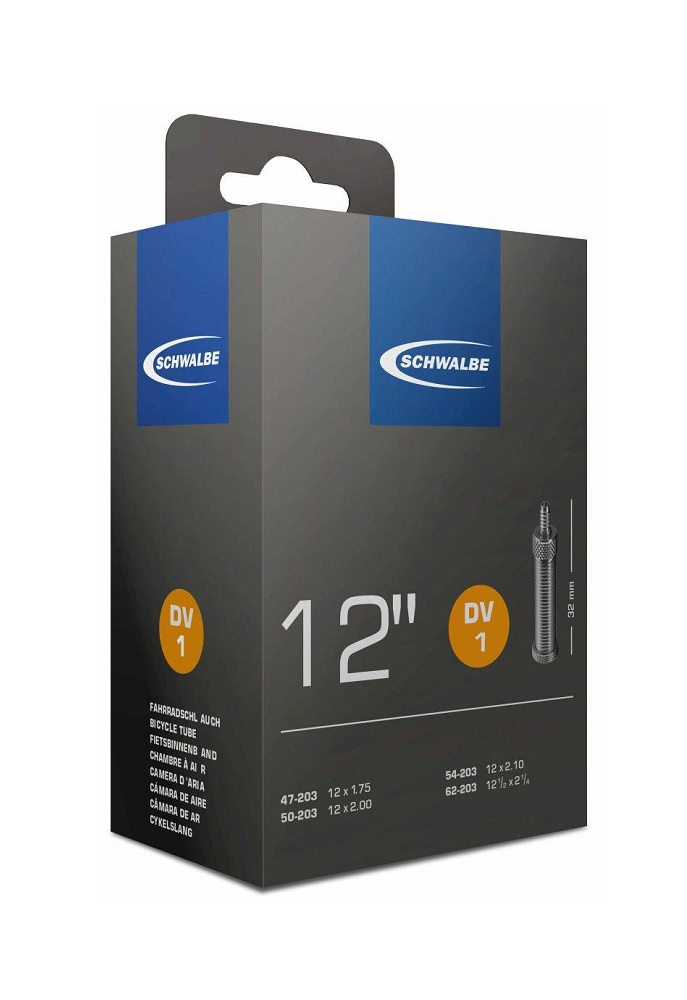DV1-slang Ett Schwalbe DV1 cykelslangspaket med 40 mm Dunlop ventil visas i en välbelyst produktbild. Förpackningen är grå med blå accenter, och tydliga specifikationer samt logotyper framträder tydligt mot den dämpade bakgrunden.