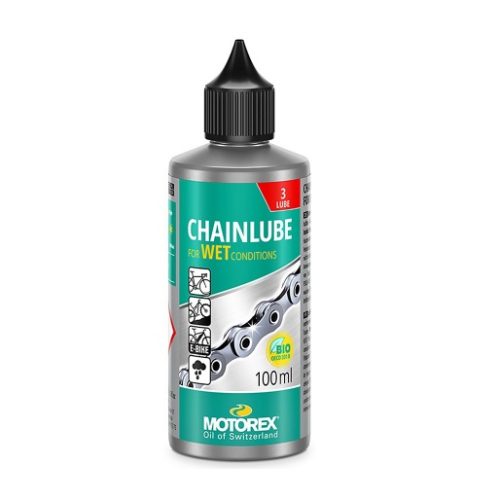 Motorex Wet Lube kedjeolja, 100 ml flaska för våta förhållanden.