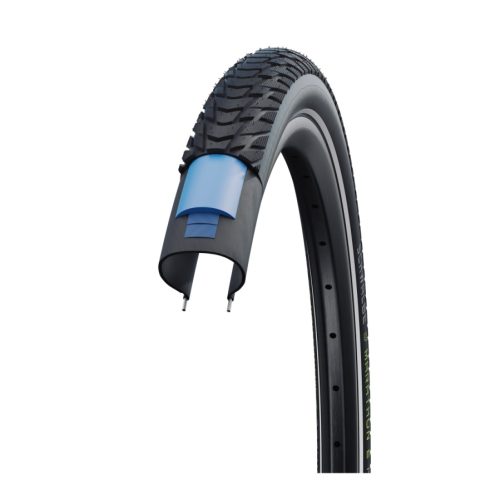 Schwalbe Marathon E-Plus 28-tums däck med punkteringsskydd, avskuret för att visa lager.