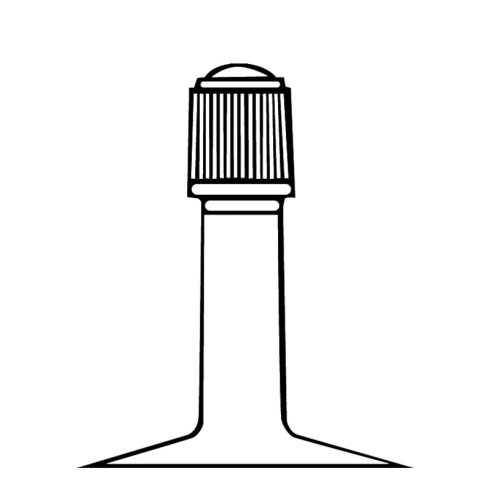 Detaljerad linjeteckning av en Schrader (Bil) ventil, visar cylindrisk kropp med räfflad topp, typisk för cykeldäck. Grafisk illustration med tydliga linjer mot en vit bakgrund.