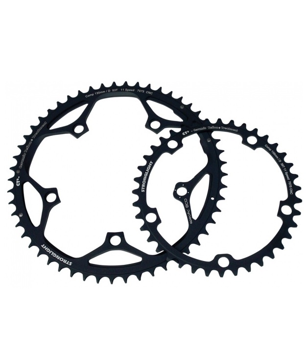 Stronglight-Campa-Athena-53 Två svarta Stronglight CT2 framdrev för Campagnolo Athena 11-vxl, 53T och 39T.