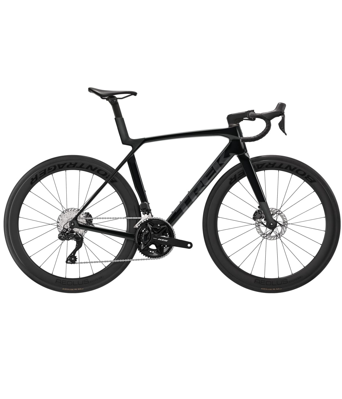 Trek-Madone-SL6-svart Svart Racer Trek Madone SL 6 Gen 8, 105 DI2 aerodynamisk landsvägscykel med hjul med djup profil och drop-styre.