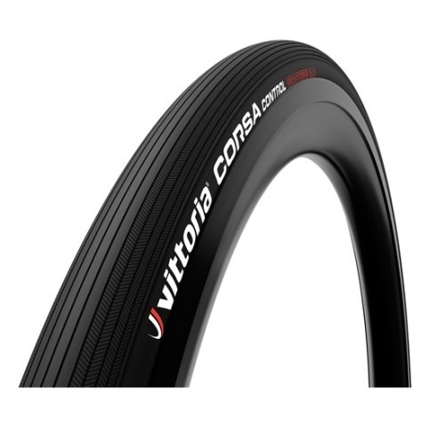Svart Vittoria Corsa Control G2.0 racerdäck med synliga mönster och vit text. Däcket är monterat på en fälg och ljuset framhäver detaljerna. Perfekt för landsvägscykling.