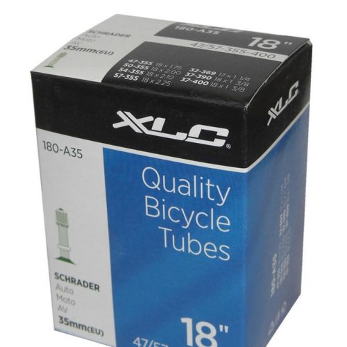 En detaljerad bild av en XLC VT-A18 cykelslangförpackning med texten "Quality Bicycle Tubes" och "18" 47/57-355-400". Den har stark belysning och ger en tydlig visning av produkten.