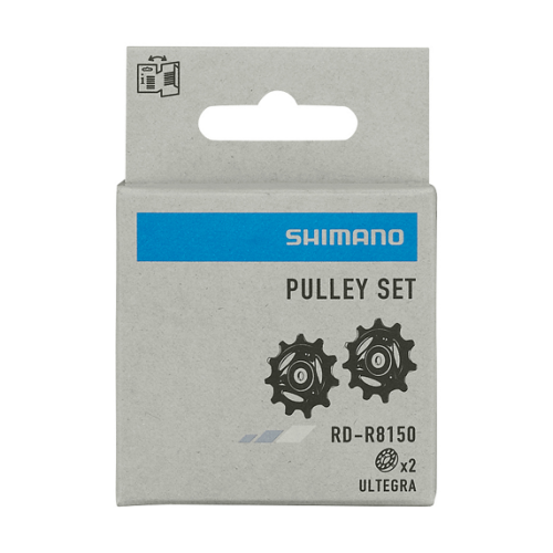 En grå detaljhandelslåda märkt "Rulltrissor Shimano RD-R8150 Ultegra för 12-växlad bakväxel" har illustrationer av två trissor. Modellnumret RD-R8150 och "Ultegra" visas längst ner till höger på förpackningen.