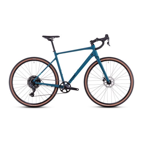 Blå Gravel Cube Nuroad ONE 1x10s cykel med bruna däck.