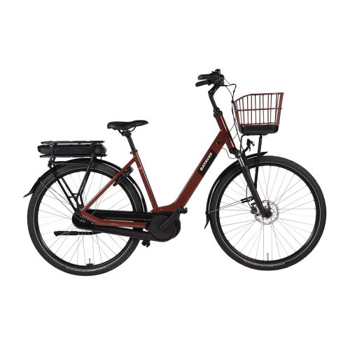 Röd Batavus Altura E-Go Plus elcykel med korg, perfekt för stadscykling.