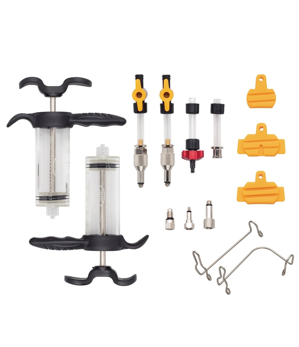 Jagwire-elite-bleed-kit Luftningskit Jagwire Elite DOT-olja med sprutor, adaptrar, bromsbelägg och fjädrar.