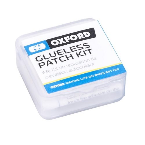 Oxford Glueless Patch Kit reparationslappar i transparent plastförpackning med text.