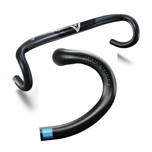 PRO Vibe Aero Superlight kolfiberstyre för landsvägscykel i svart, sett i två vinklar.