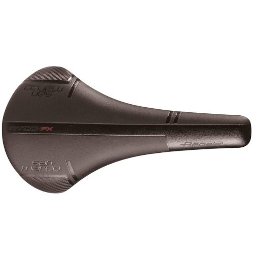 Svart San Marco Regale Carbon FX sadel, högpresterande och lätt för cykelentusiaster.