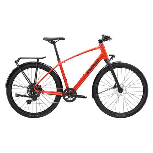 Röd Trek Dual Sport 2 EQ hybridcykel med skivbromsar, idealisk för grusvägar.