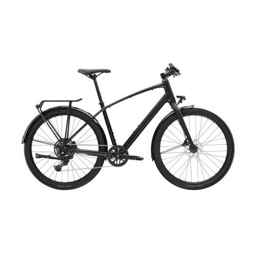 Svart Trek Dual Sport 2 EQ Gen 5 hybridcykel, perfekt för grusvägar och stadskörning.