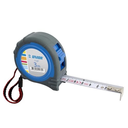 Måttband Unior 710P, 3 meter, grå och blå färg med röd snodd.