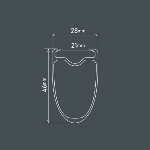 Diagram över Shimano 105 WH-RS710-C46 kolhjul, visar måtten 46 mm höjd, 28 mm bredd.