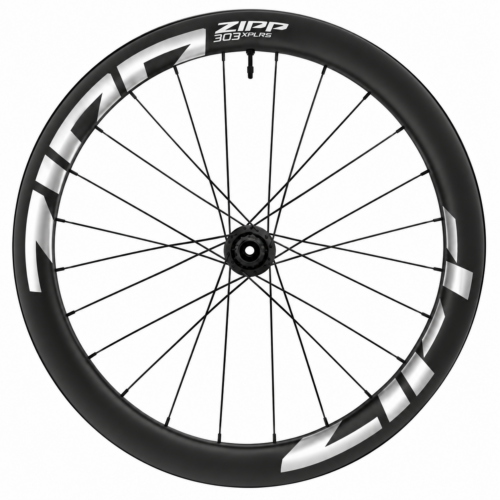 Hjulpar Zipp 303 XPLR S – kolfiberhjul utan krokar för tubeless/clincher med svarta ekrar, svart fälg och vit Zipp-logotyp. Hjulet har ett nav för skivbromsar och visas mot en vit bakgrund.