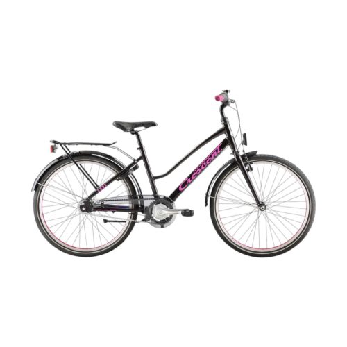 Crescent Lone 7s barncykel, svart damcykel med rosa detaljer och pakethållare.