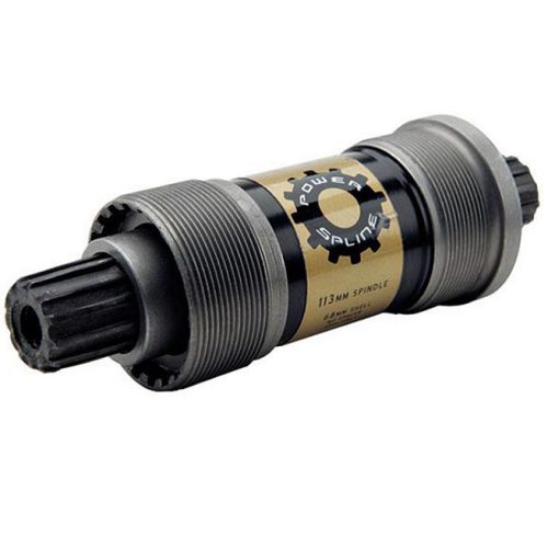 Detaljerad bild av ett Truvativ Powerspline vevlager, märkt 113mm spindle, 68mm shell, presenterat i studioljus som framhäver metallstrukturen och produktetiketten.