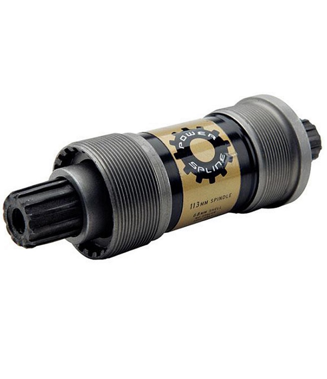 Power-Spline-Truvativ Detaljerad bild av ett Truvativ Powerspline vevlager, märkt 113mm spindle, 68mm shell, presenterat i studioljus som framhäver metallstrukturen och produktetiketten.