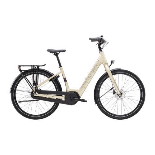Beige Trek District+ 1 Elcykel med lågt insteg och 7 växlar.