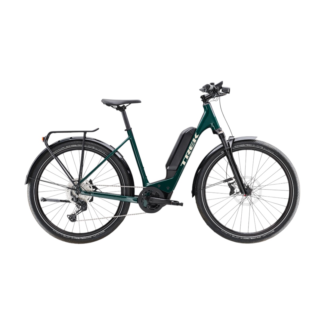 Trek Allant+ 6 Lowstep Grå Grön Elcykel Trek Allant+ 6 med lågt insteg och 10 växlar.