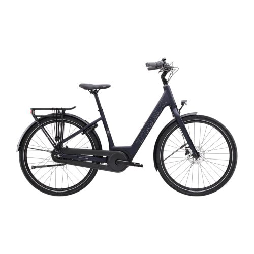 Svart Trek District+ 1 Elcykel med lågt insteg och 7 växlar.