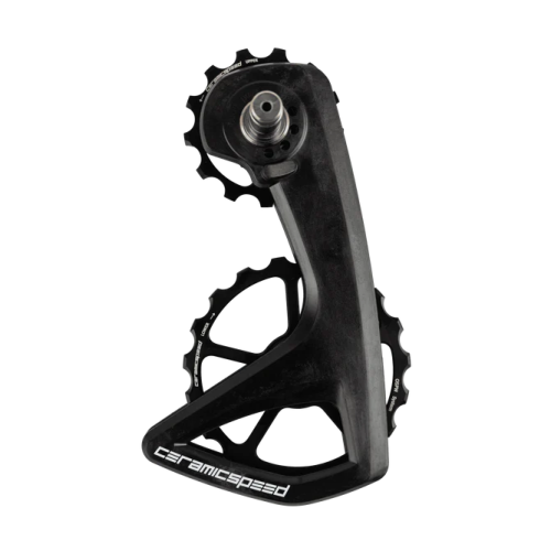 Svart CeramicSpeed OSPW RS-5 växel med två hjul på en vit bakgrund.