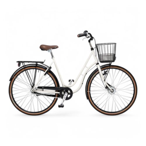 Beige Skeppshult Natur 7s damcykel med korg och pakethållare.