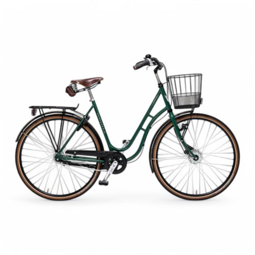 Damcykel Skeppshult Natur Premium 7s i grön färg med brun sadel och däck.