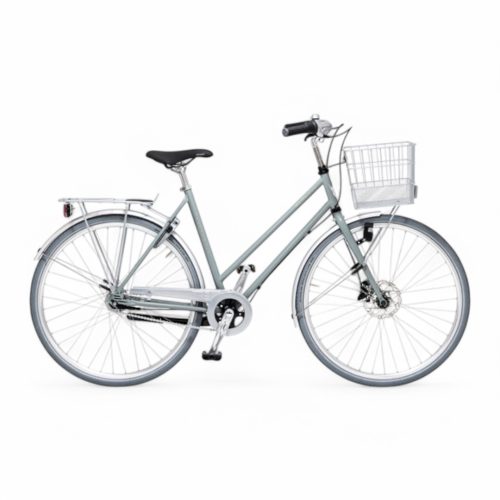 Grå Damcykel Skeppshult Favorit 7s med korg, klassisk design.