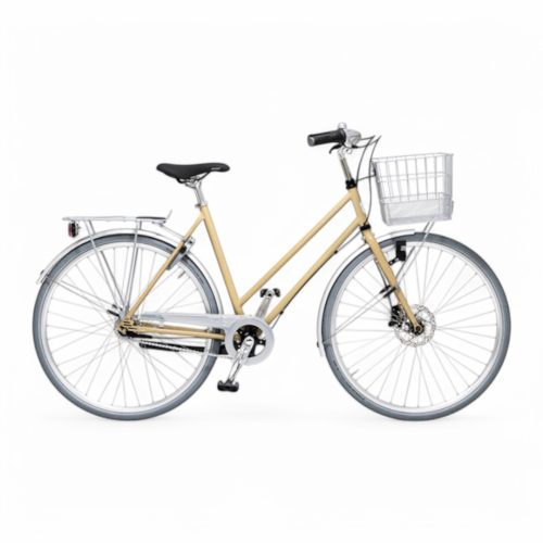 Beige Damcykel Skeppshult Favorit 7s med korg och pakethållare.