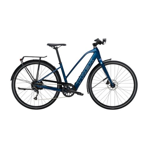 Blå Trek FX+ 2 Stagger Elcykel, en snygg och praktisk eldriven cykel.