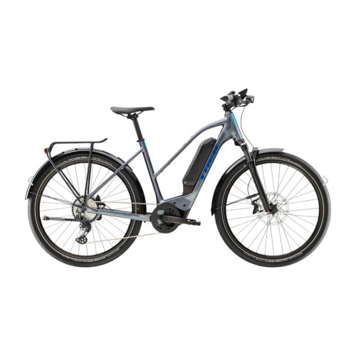 Grå Trek Allant+ 6 Stagger elcykel med 10 växlar, perfekt för pendling.