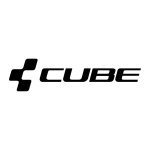 Cube-logotyp, svart och stiliserad text, cykelmärke.