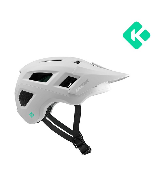 Lazer-Coyote-KC-Matte-Full-White Vit Lazer Coyote cykelhjälm med hakband och Lazer logotyp.