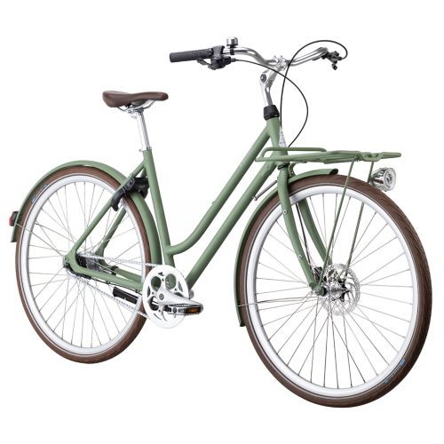 Grön Monark Karla 7s damcykel, 28 tum, med brun sadel och däck.
