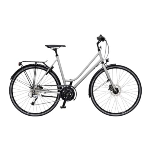 En grå Skeppshult Elit 7s damcykel med svarta däck och tillbehör.
