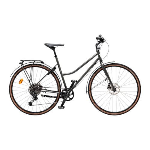 Grå Skeppshult Suverän damcykel med pakethållare och bruna däck.