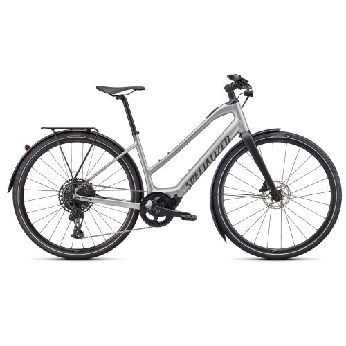 Silverfärgad Specialized Turbo Vado SL 5.0 ST elcykel med 1x12 växlar.