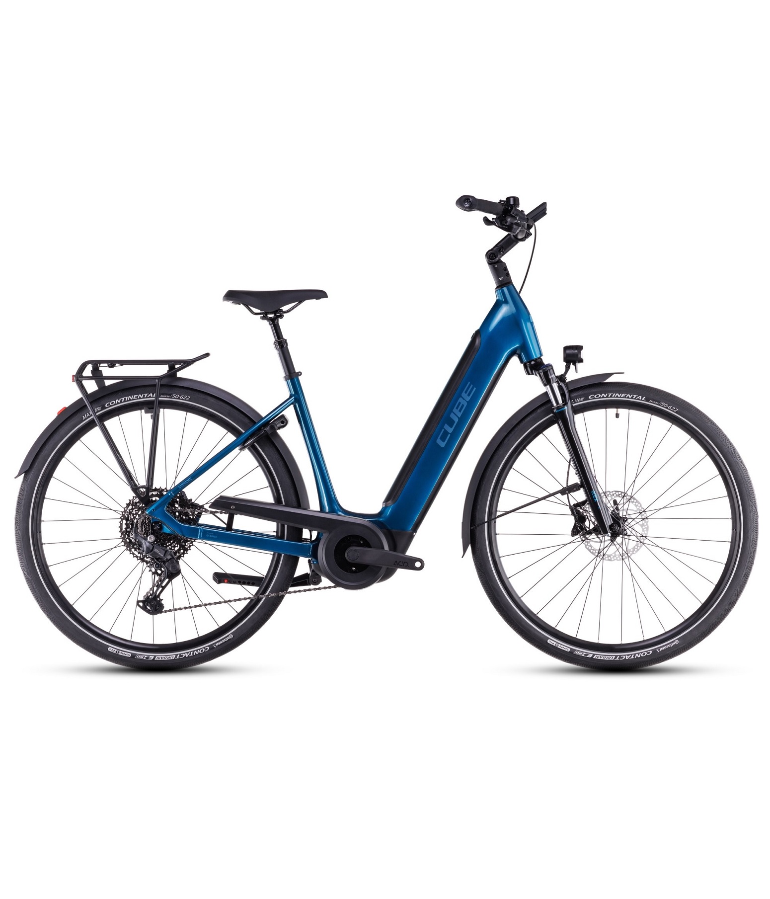 Cube-Supreme-pro-625-bla Blå Cube Supreme Hybrid elcykel med lågt insteg, fram- och bakskärmar samt pakethållare.