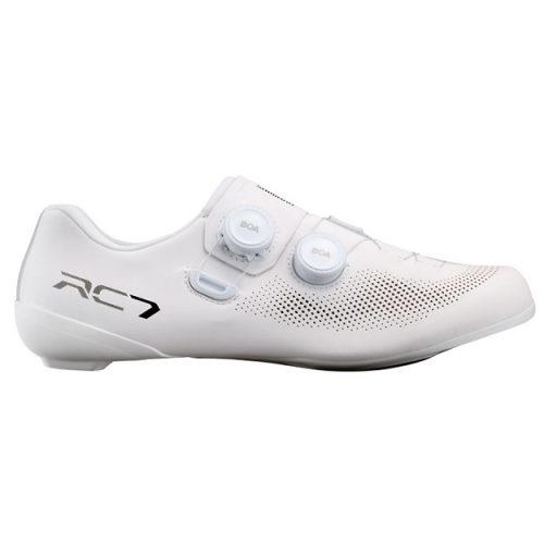 Vit Shimano SH-RC703 landsvägssko med BOA-snörning och RC7-märke.