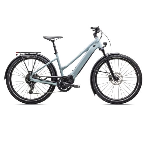 Blå Specialized Turbo Vado 4.0 ST elcykel med pakethållare.