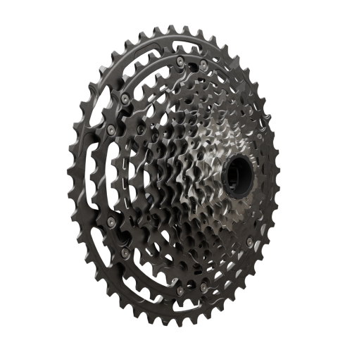 Shimano XTR M9250 bakväxel med flera drev för 12-växlat system, isolerad på svart bakgrund.