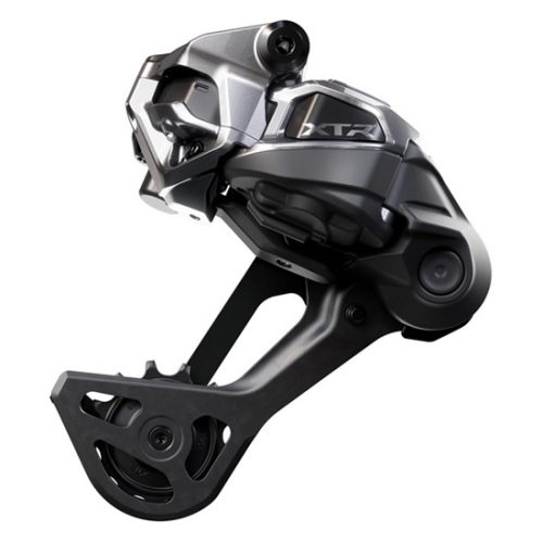 En närbild av Bakväxel Shimano XTR RD-M9250 GS/SGS, 12s bakväxel i svart och silver, som framhäver de exakta mekaniska detaljerna och den moderna designen.
