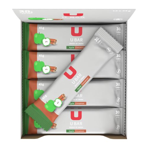 Låda med Umara U Bar energibarer i smakerna äpple och kanel.