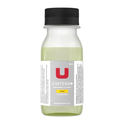 Flaska med U Intend energidryck, smak citron, med ingrediensförteckning och näringsinformation.