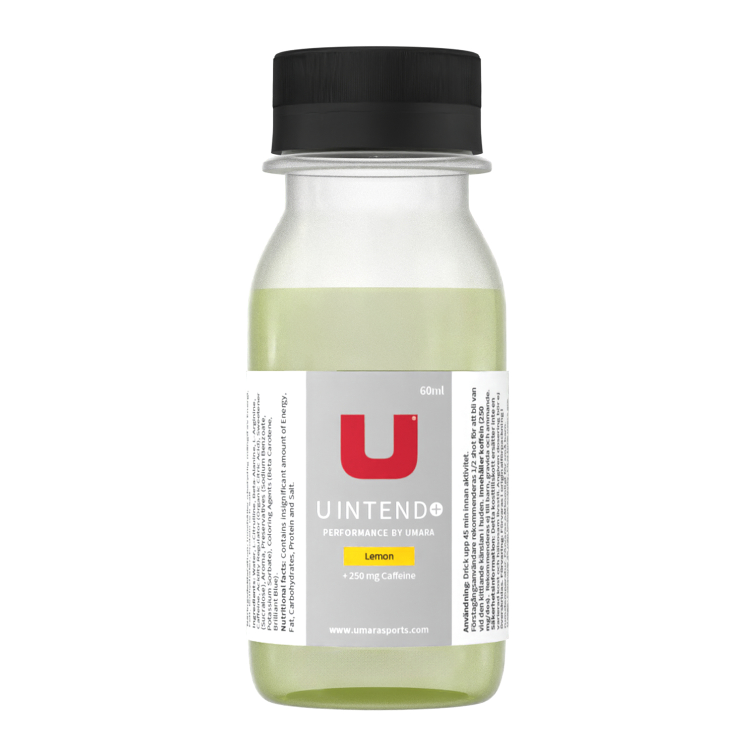 U Intend Shot Flaska med U Intend energidryck, smak citron, med ingrediensförteckning och näringsinformation.