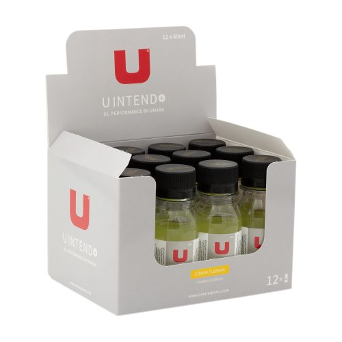 Förpackning med Umara U Intend energidryck, citronsmak. Tolv små flaskor i kartong.