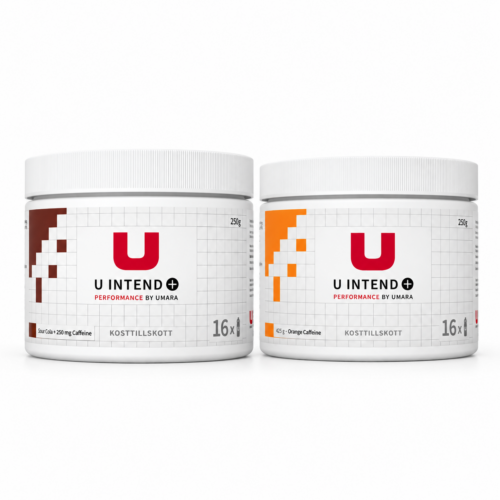 Två förpackningar Energidryck U Intend 250 g – Cola eller grapefrukt, där den ena är märkt ”Sour Cola” och den andra ”Orange Caffeine”.